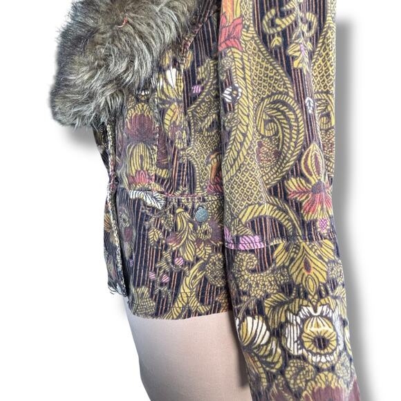 Vintage Faux Fur Trimmed Corduroy Floral Jacket Brown Boho Cropped Penny Lane - Picture 3 of 13